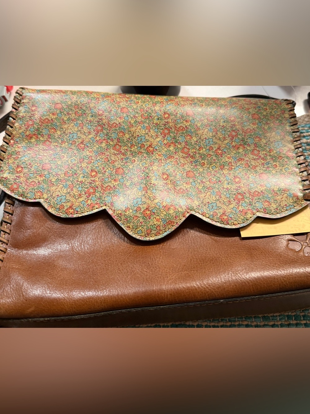 Patricia Nash Brown Leather Crossbody with Multicolor Floral Scallop Flap